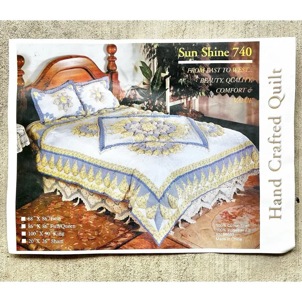 1990s Vintage Handmade Quilt Comforter Blanket 68”X86” Twin Yellow Blue Star Sun